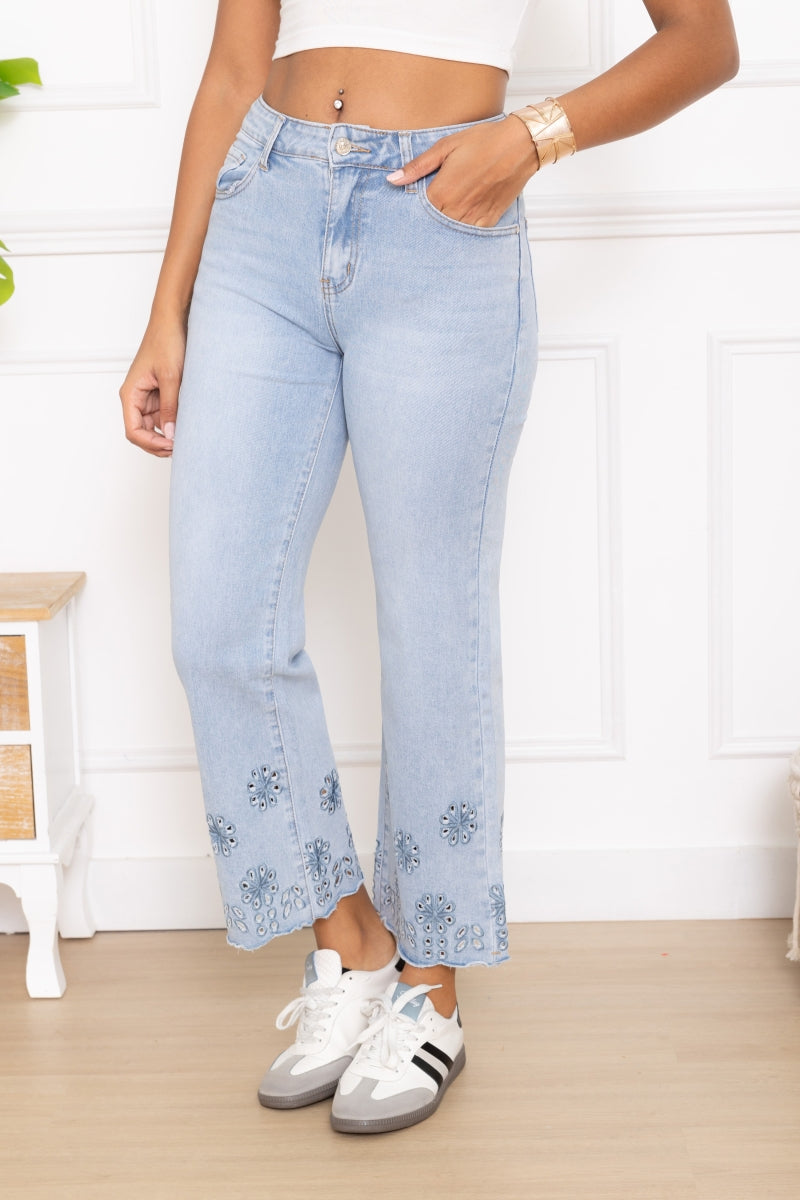 GIO JEANS BROEK MET BLOEMEN BORDUURSEL